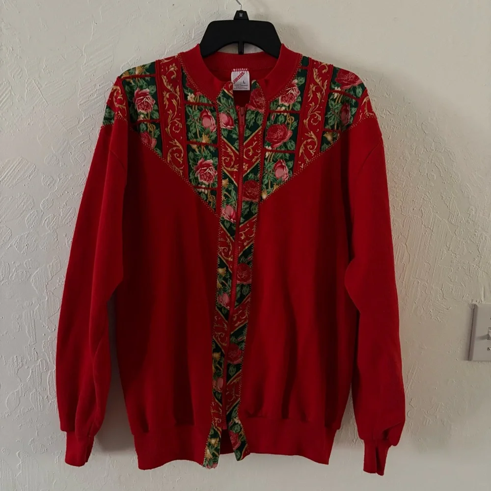 Vintage 90s Women’s Handmade Sweatshirt Jacket Size L Full‎ Zip Red Roses Leaves
